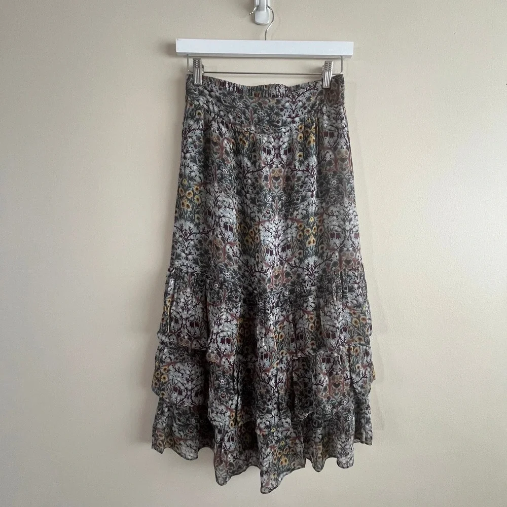 ba&sh Floral Tiered Ruffle Midi Skirt Sage Blue Moody Vintage Print 0 XS